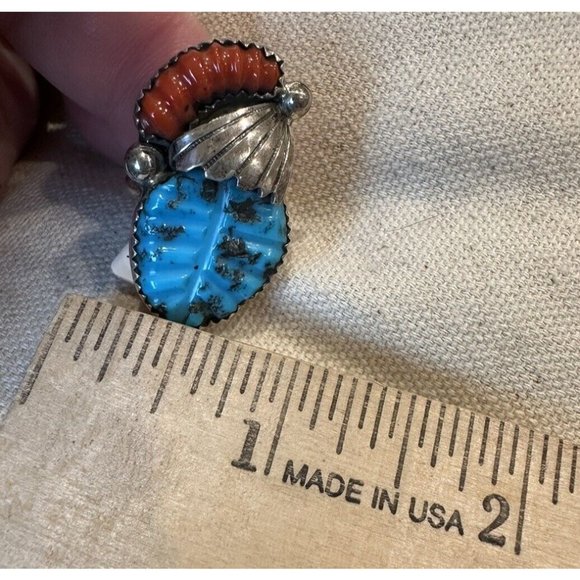 Lyolito Tsette ZUNI Native Sterling Silver CARVED TURQUOISE & CORAL Ring Size 6 - Picture 9 of 12